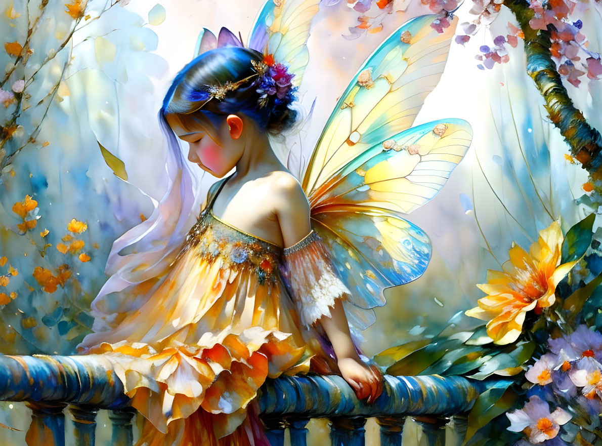 Illustration: Young girl with butterfly wings in vibrant flower garden