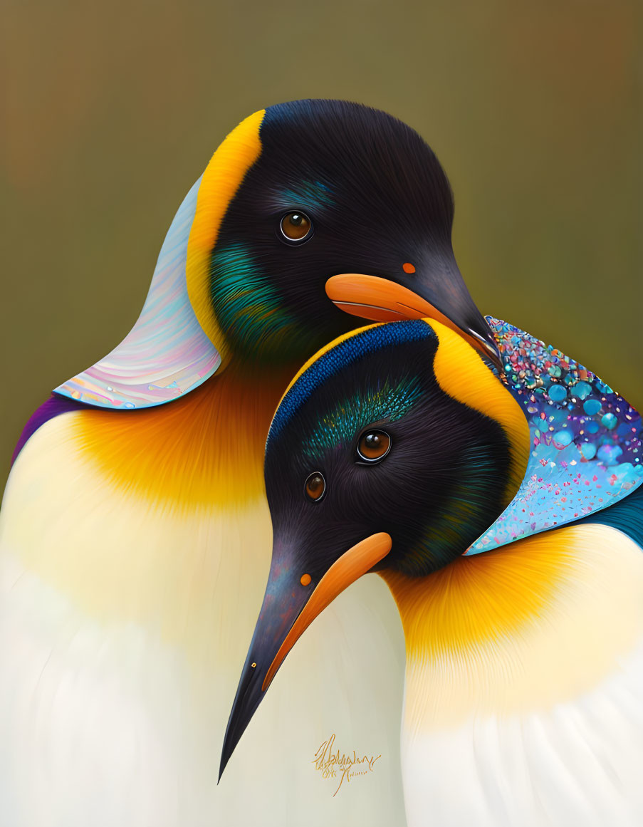 Colorful Digital Painting of Stylized Ducks with Detailed Feather Patterns