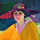 Portrait of Woman in Decorative Hat and Yellow Shawl with Colorful Circular Patterns