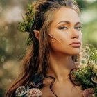 Woman with floral crown and bouquet in dreamy setting among flowers