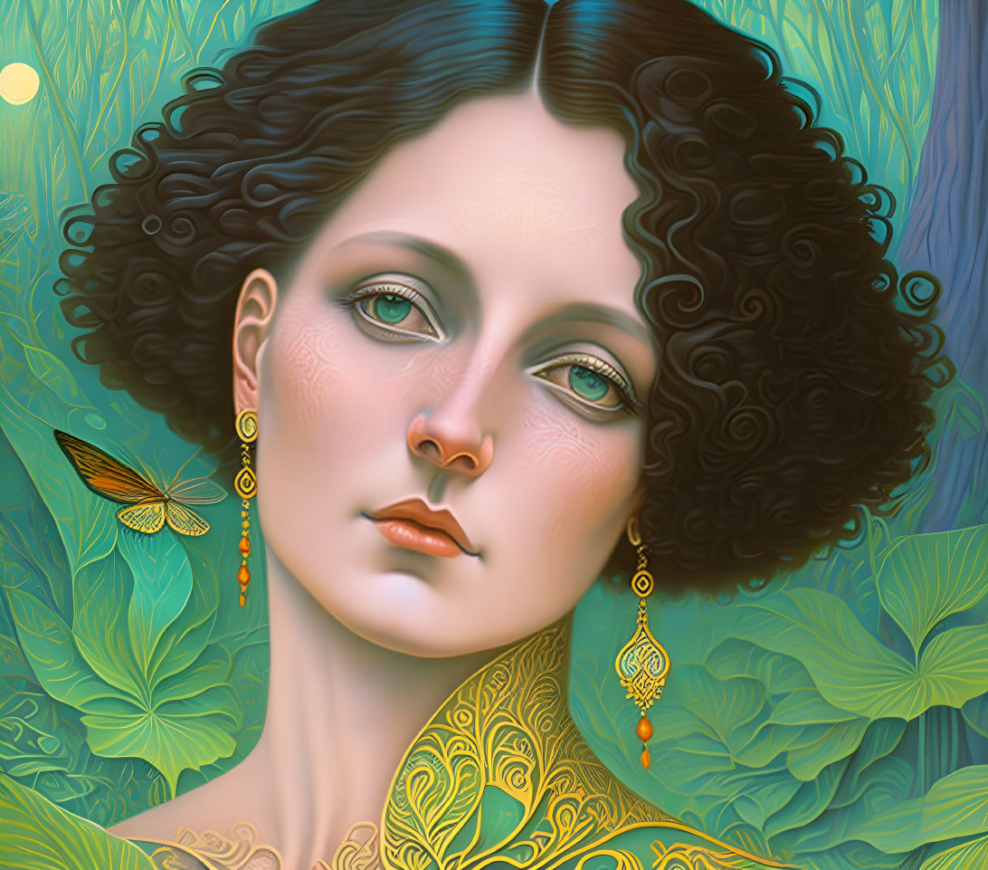 Digital portrait of woman with curly hair, golden earring, surrounded by green leaves and butterfly