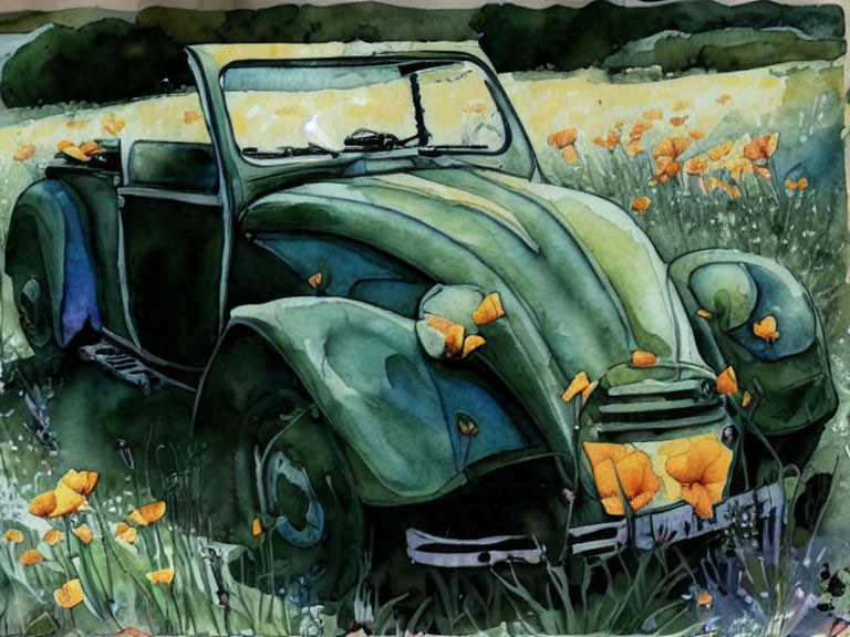 Watercolor painting of classic car in lush greenery with yellow flowers