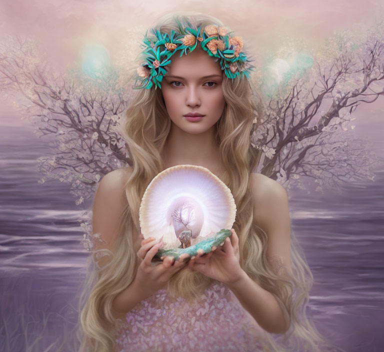 Woman with Floral Crown Holding Pearl Shell in Mystical Landscape