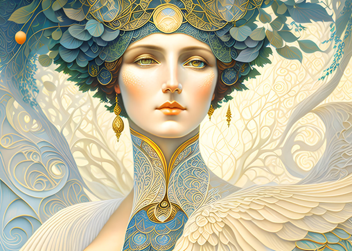 Illustrated female figure with ornate headwear in soft blues, golds, and whites