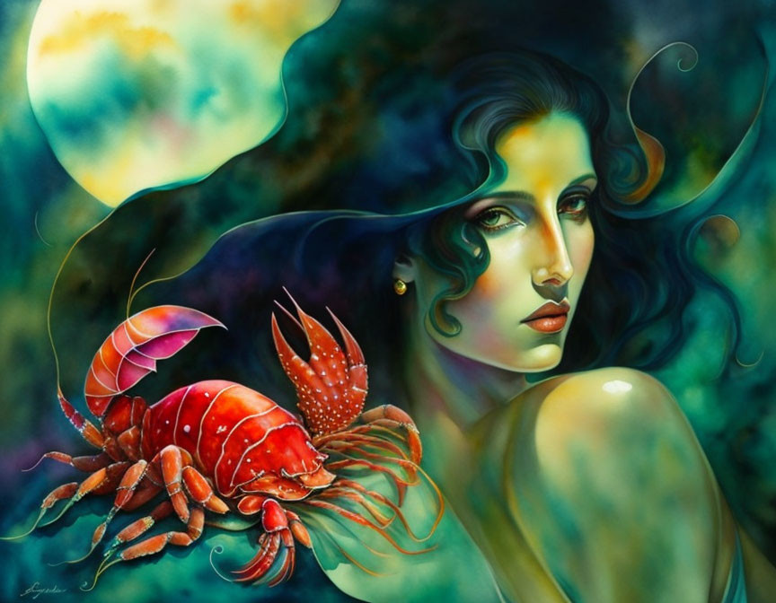 Vibrant woman with flowing hair and red lobster on colorful backdrop