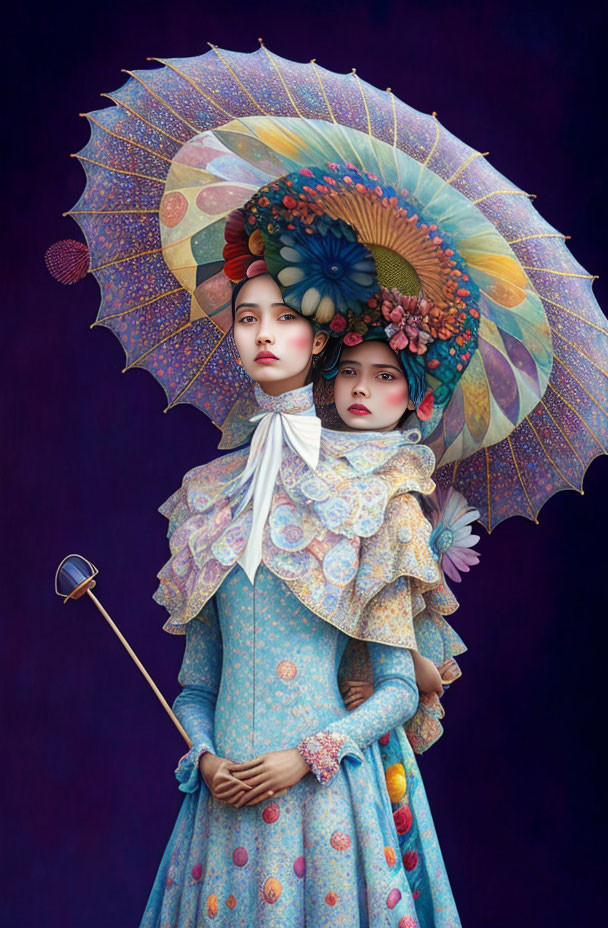 Stylized figures in blue patterned dresses sharing an ornate umbrella