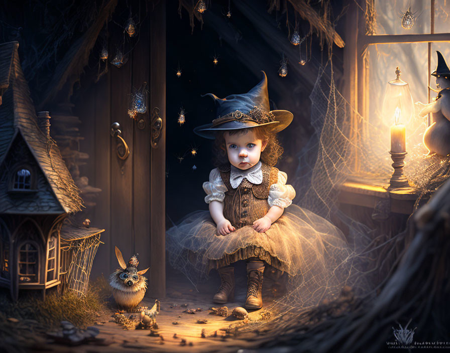 Toddler in Witch Costume with Magical Elements and Miniature House