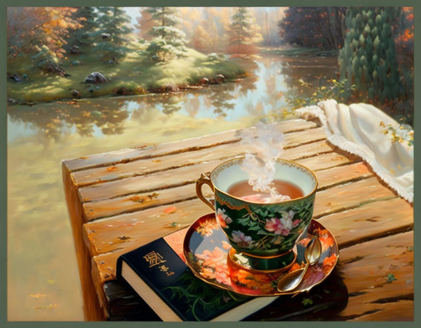 Steaming teacup on open book by serene autumn river