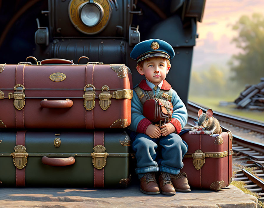 Child in train conductor costume with toy train and squirrel by railroad tracks