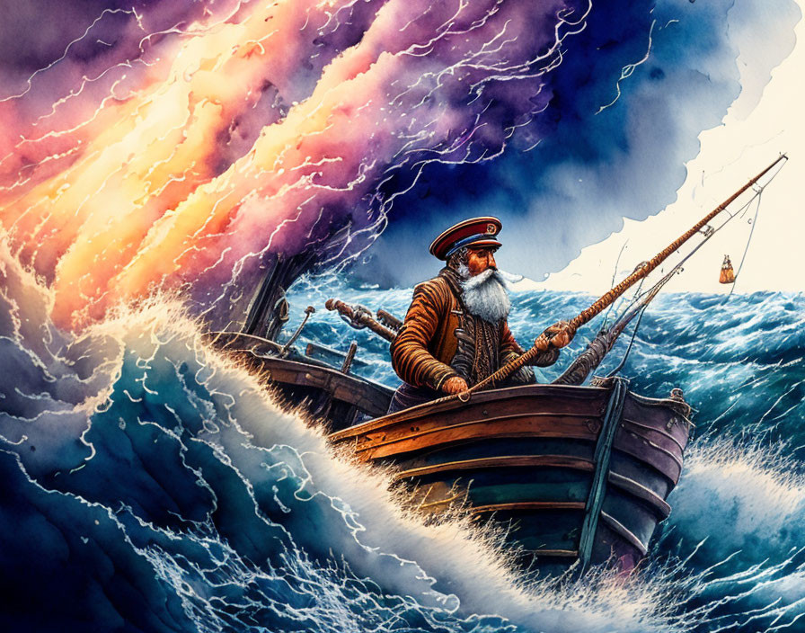 Bearded Sailor Steers Wooden Boat in Turbulent Blue Waves