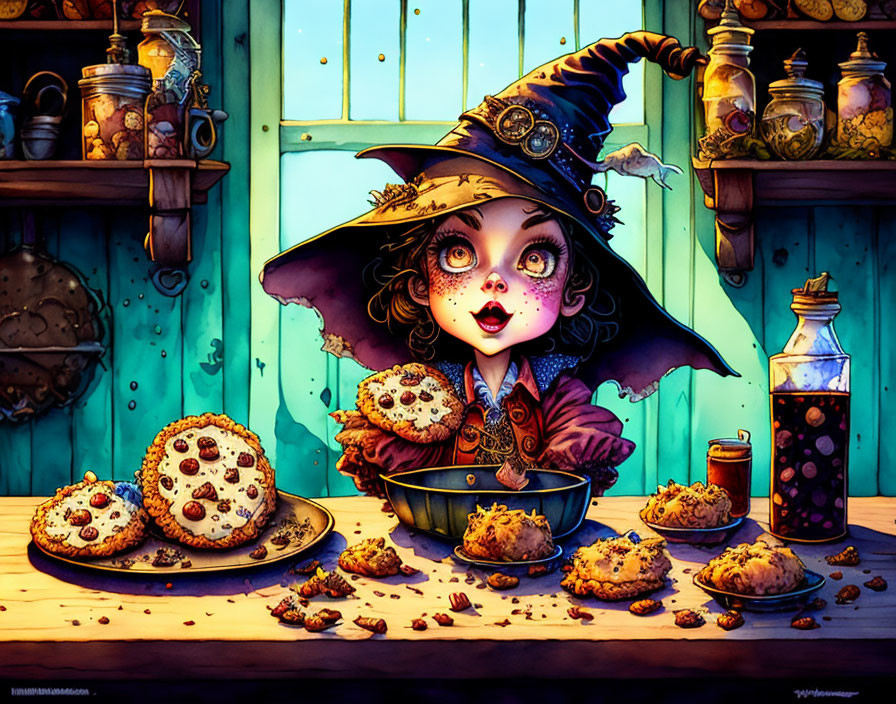 Whimsical girl in witch hat with cookies, potions in cozy kitchen