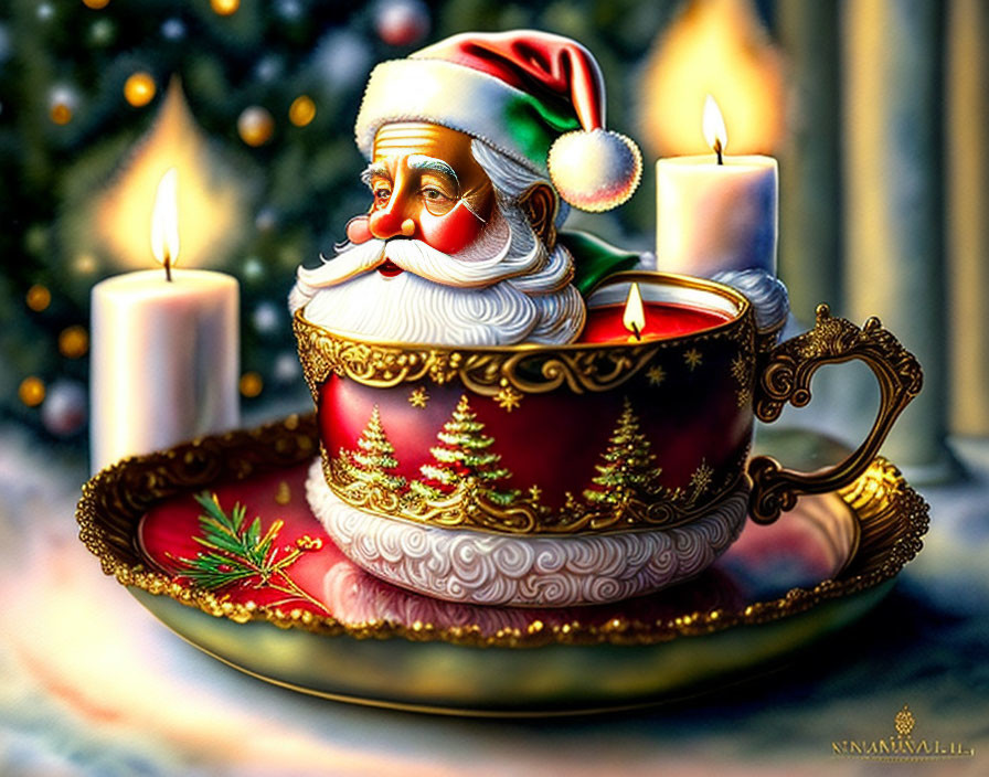 Festive Santa Claus design in Christmas teacup with trees and candles