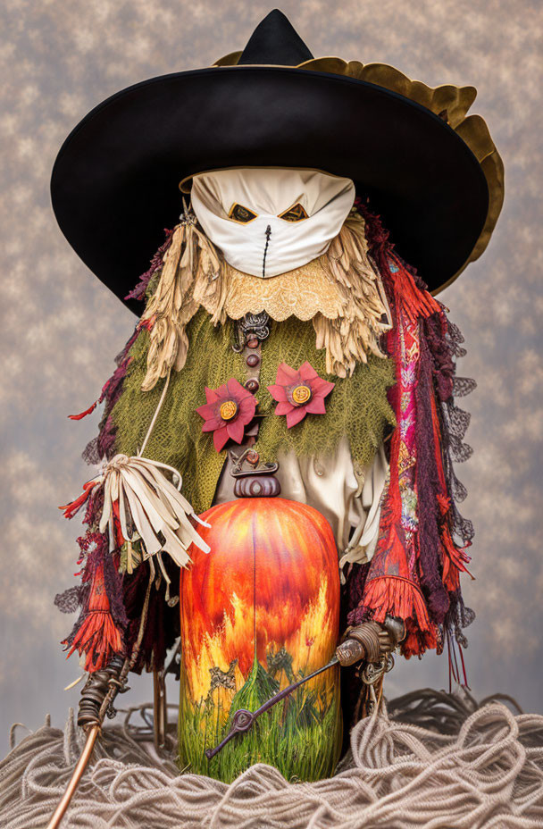 Autumn-themed figure holding painted pumpkin in wide-brimmed hat