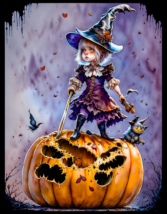 Child Witch Costume on Pumpkin with Cats and Bats in Purple Halloween Scene