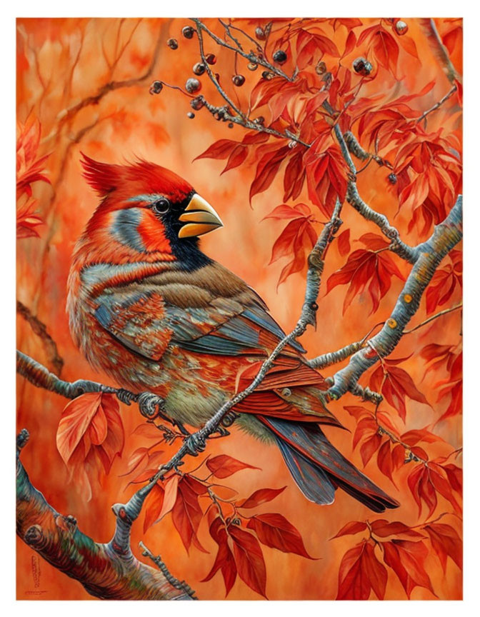 Vivid Painting: Red Cardinal on Branch with Autumn Leaves