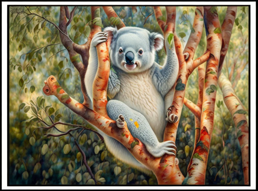 Smiling koala on eucalyptus tree in green foliage