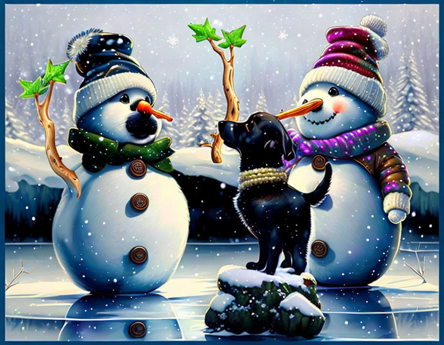 Snowmen in winter gear with dog in snowy night landscape.