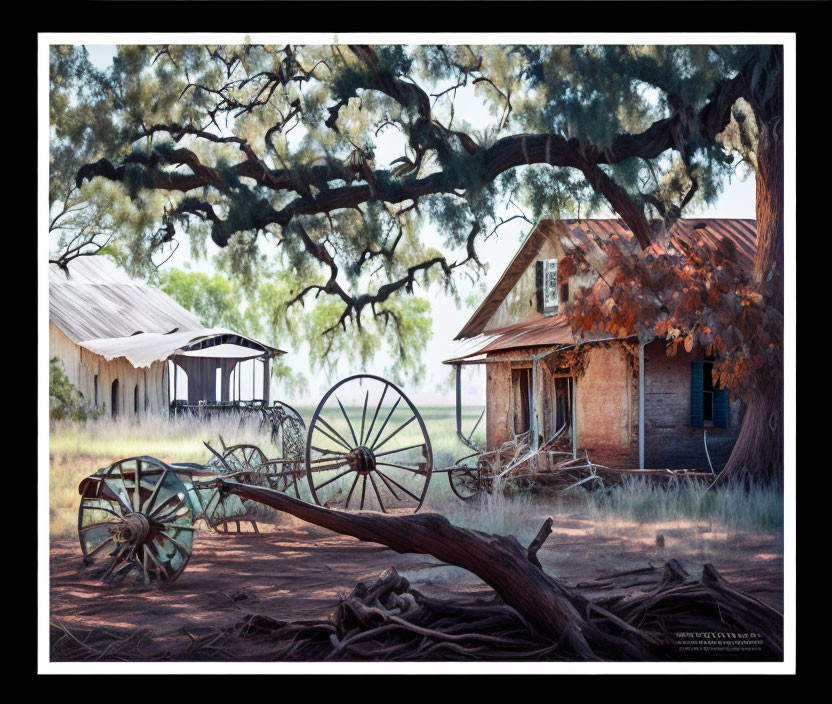 Weathered wooden house and abandoned wagon under tree