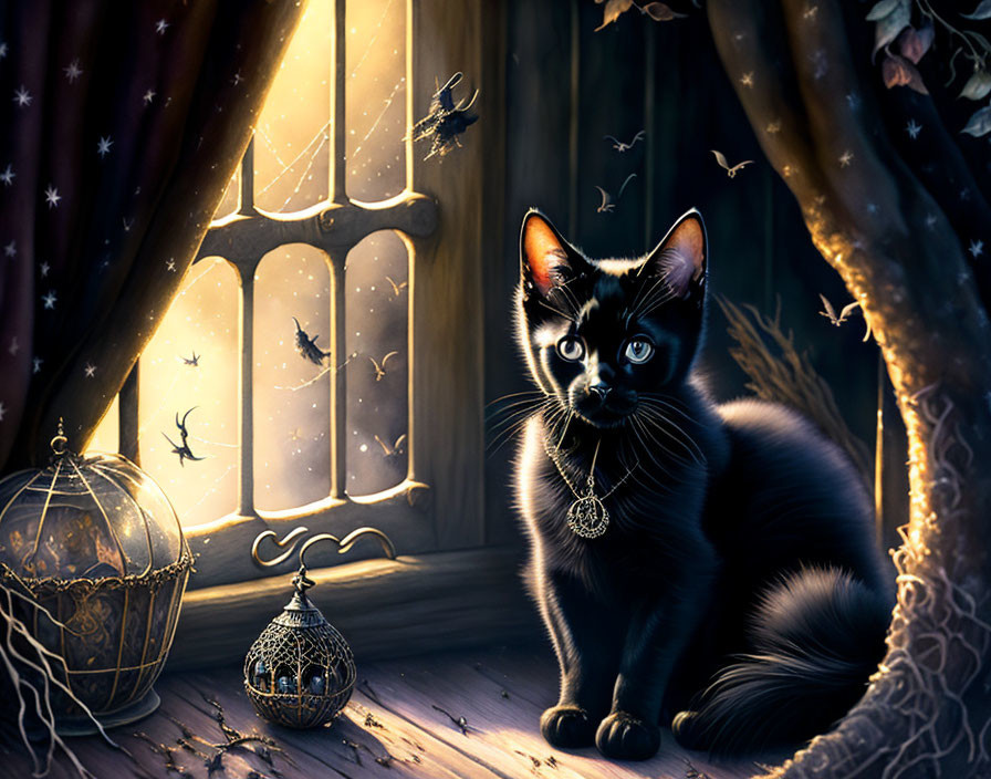 Black cat with pendant by starry window at twilight with flying birds