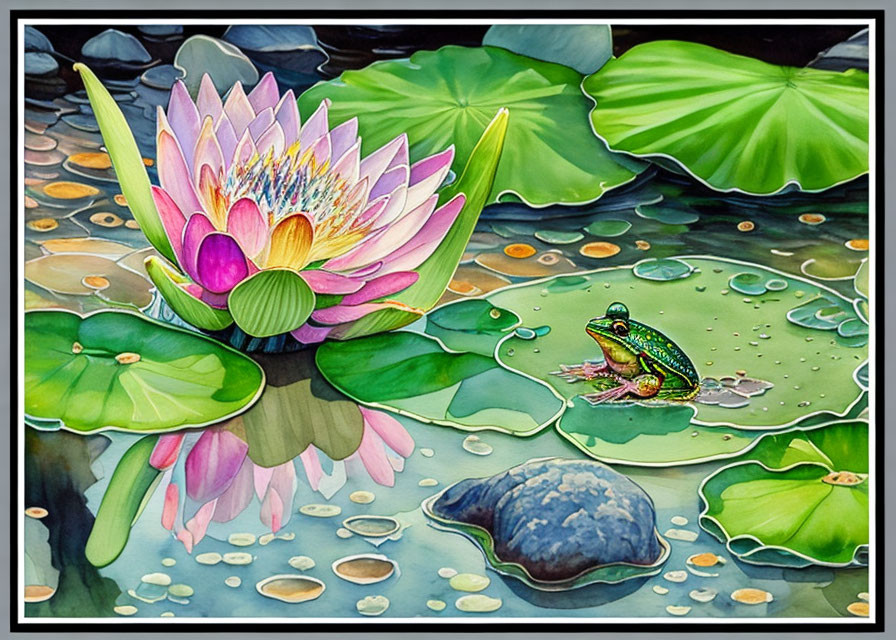 Pink water lily painting with frog on lily pad in tranquil pond