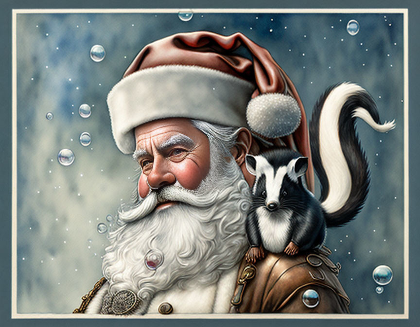 Illustration of Santa Claus with skunk on shoulder in bubble-filled scene