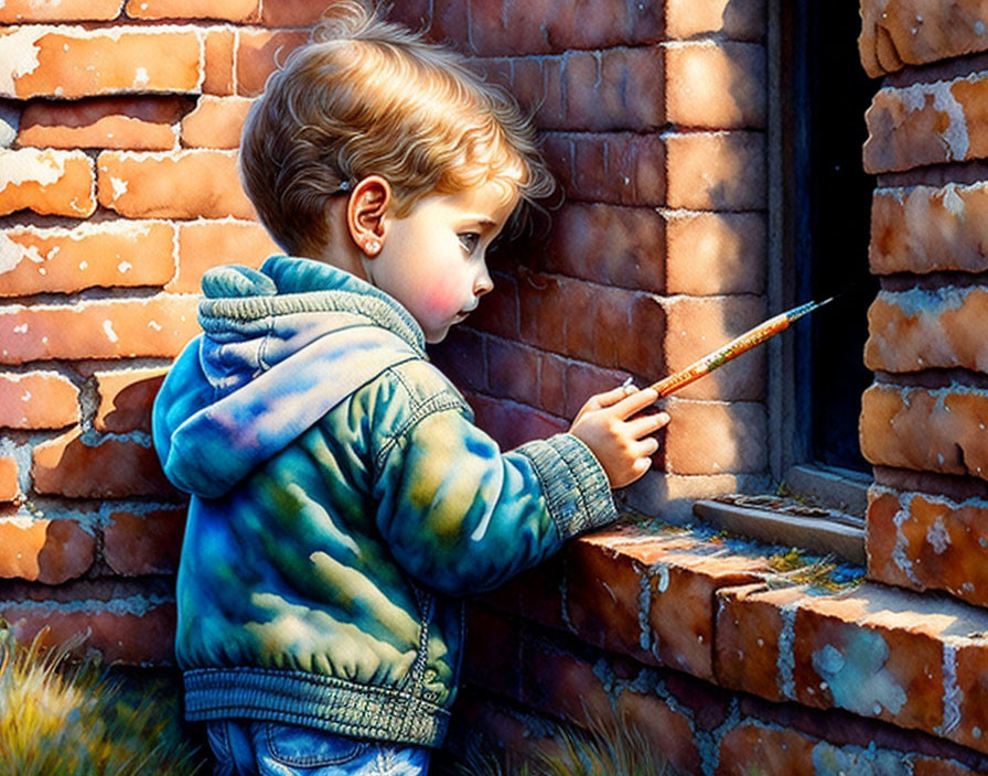 Curly-Haired Child Painting on Brick Wall in Blue Jacket