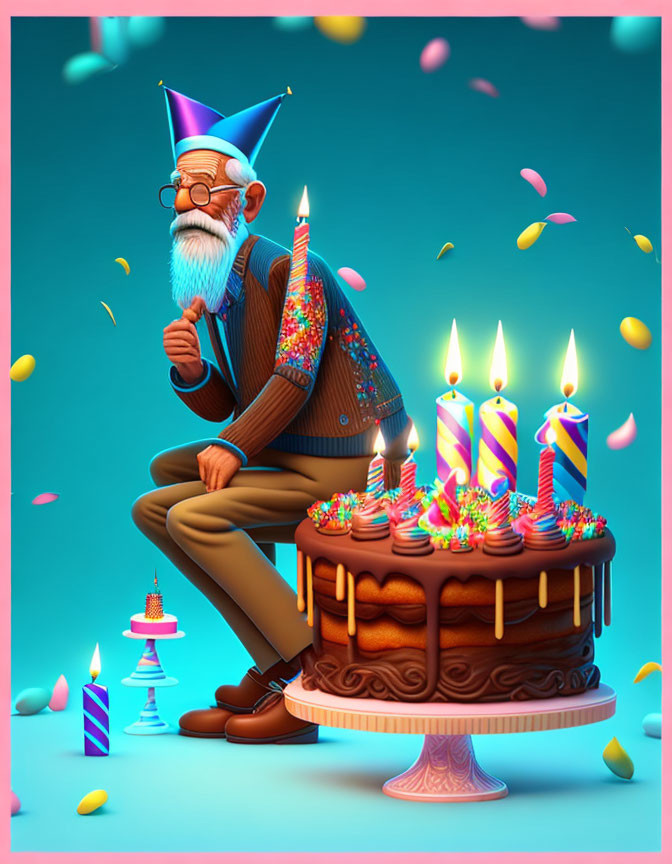 Elderly man with party hat and birthday cake in stylized image