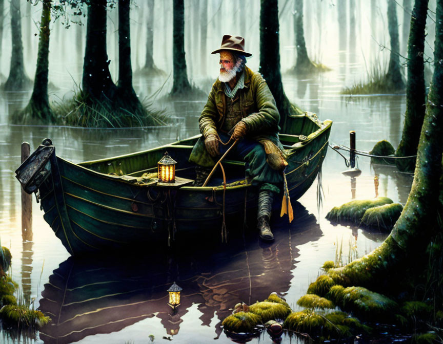 Elderly man in vintage clothing rows boat in misty swamp with lanterns.