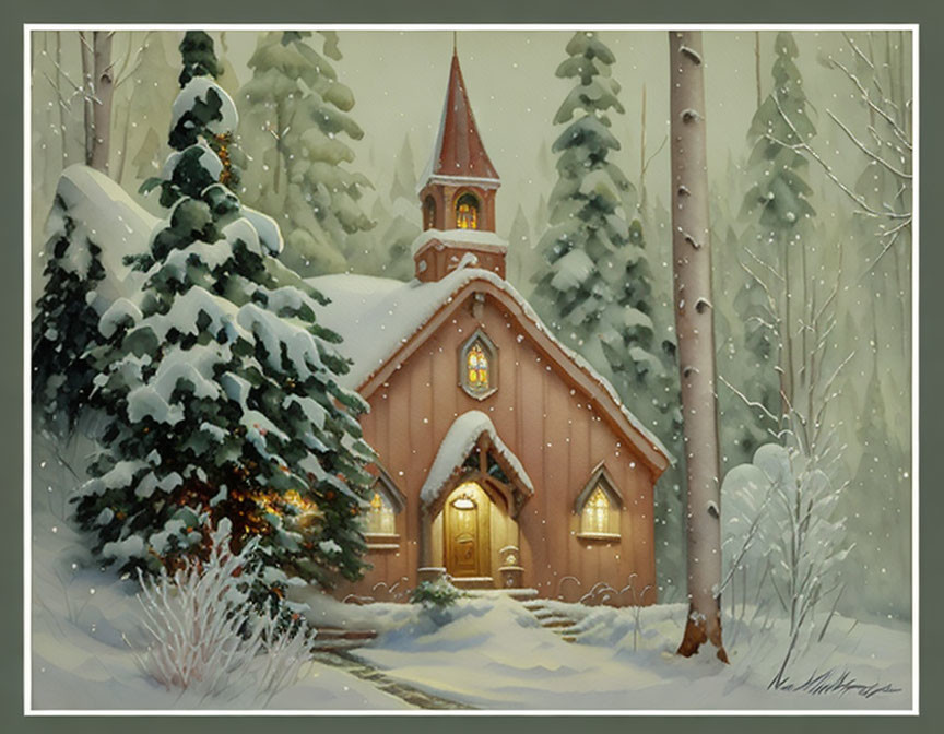 Snow-covered church with steeple in serene winter scene