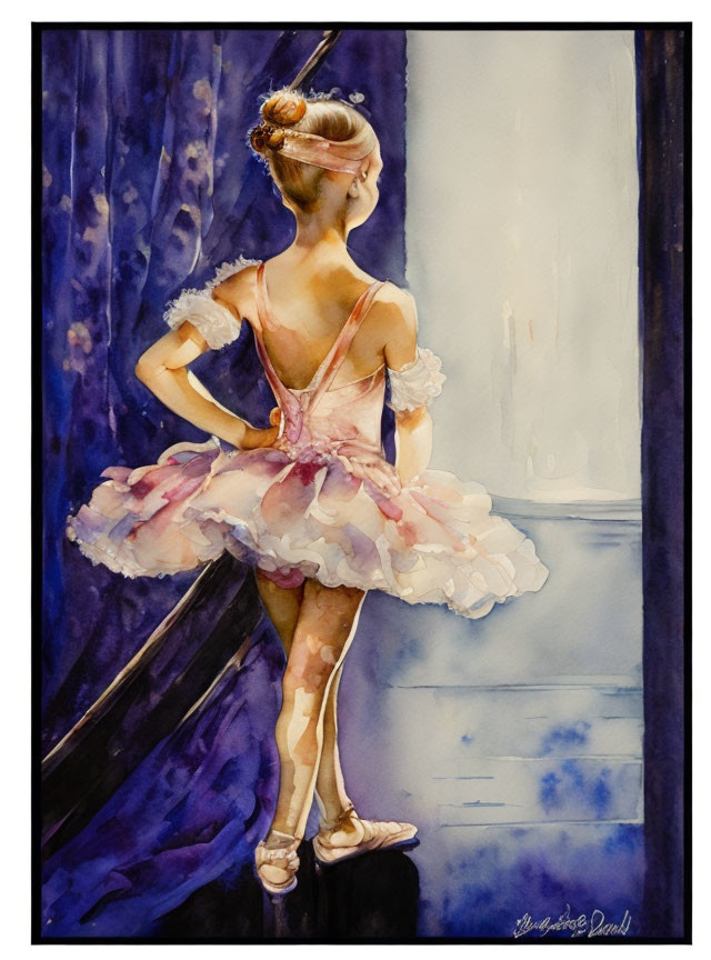 Watercolor painting of ballerina in pink tutu on stage