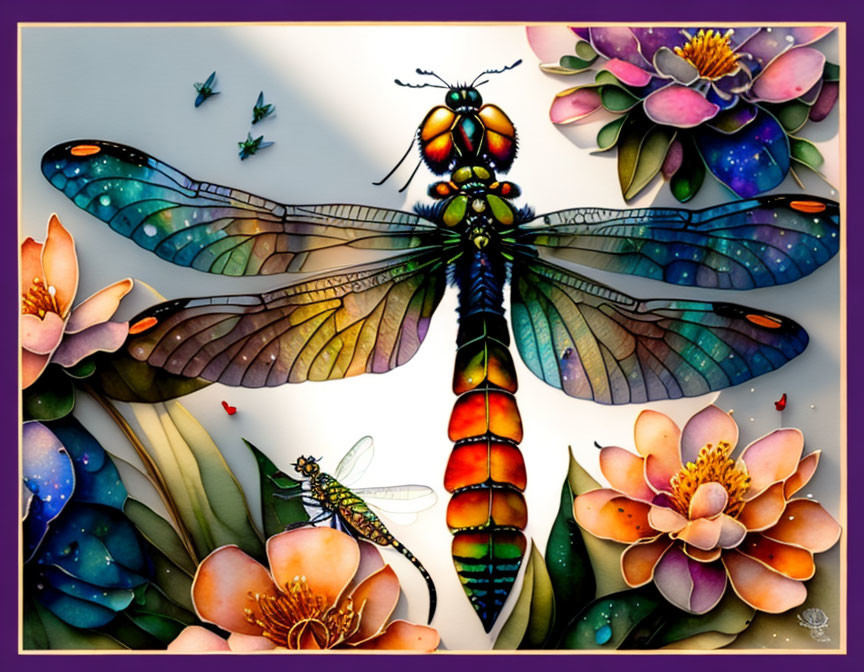 Vibrant dragonfly illustration with intricate wings and blooming flowers.