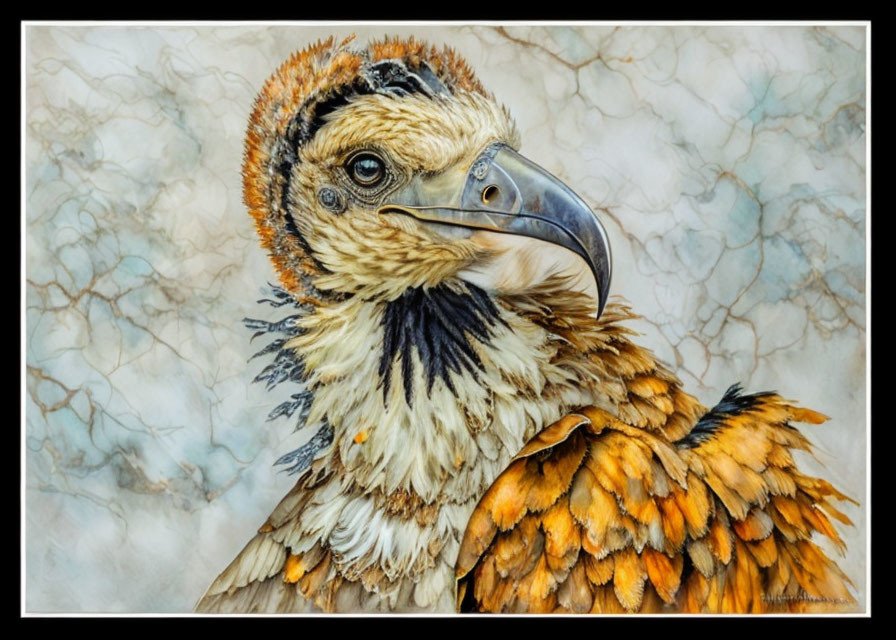 Detailed bird painting with brown and white feathers, vibrant eyes, and strong beak on textured beige background