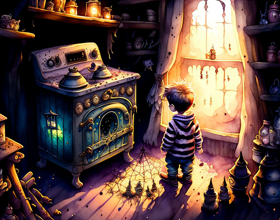 Child in striped pajamas gazes at glowing cobalt stove in cozy room filled with curious objects and