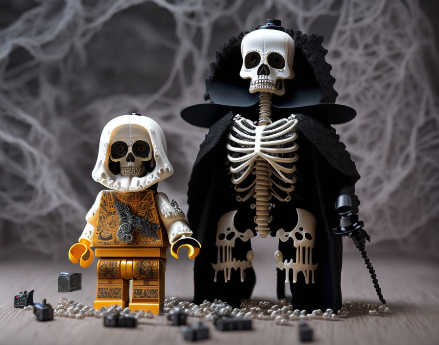 LEGO skeleton figures with yellow details and black cape in spooky scene.