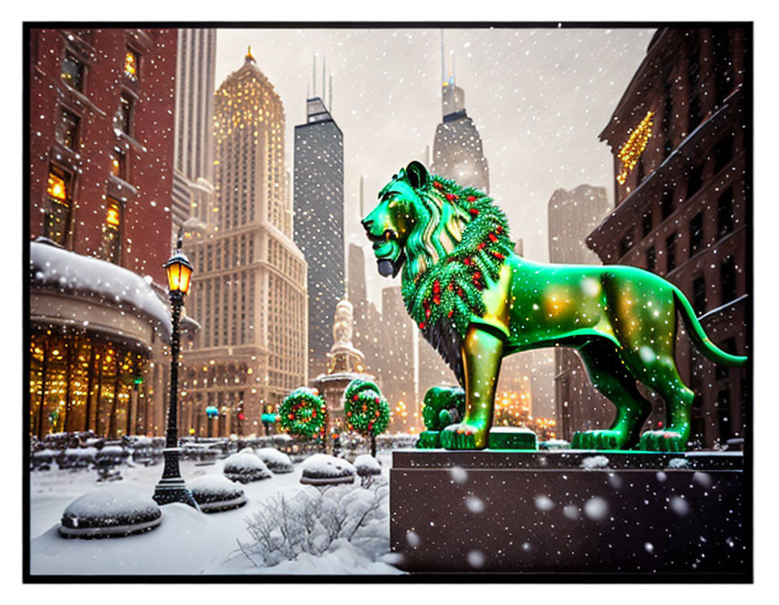 Colorful lion statue with wreath in snowy cityscape