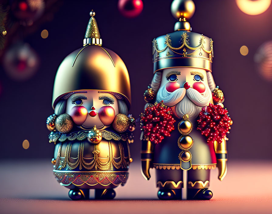 Ornate Christmas nutcracker figures: rosy-cheeked woman & bearded king with