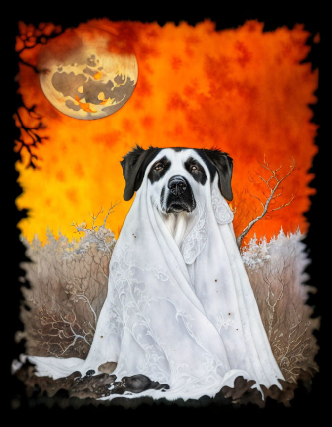 White Sheet Ghost Dog in Spooky Moonlit Scene