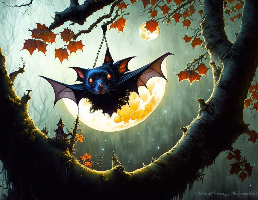 Smiling bat hanging from tree branch under full moon