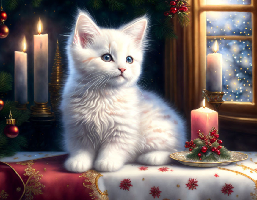 White Kitten with Blue Eyes by Candle and Holly Berries in Snowy Christmas Scene