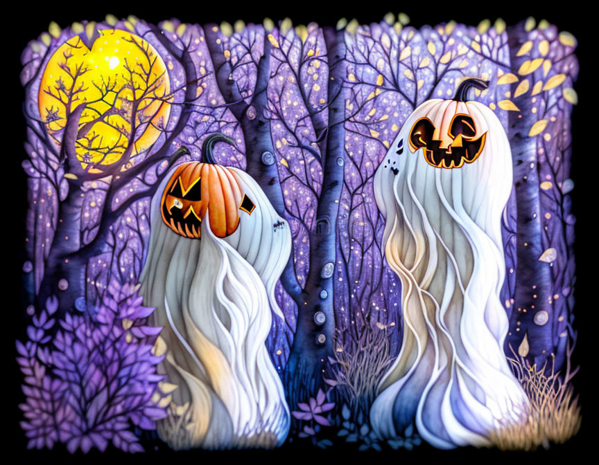 Pumpkin-headed figures with white hair in mystical forest under yellow moon