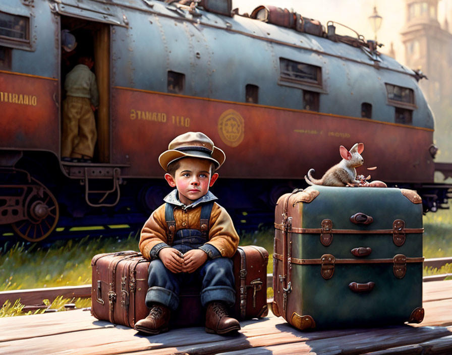 Vintage-dressed boy with luggage on old train platform.