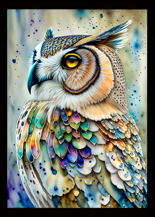 Colorful Owl Illustration with Feather-Like Patterns on Blue Background