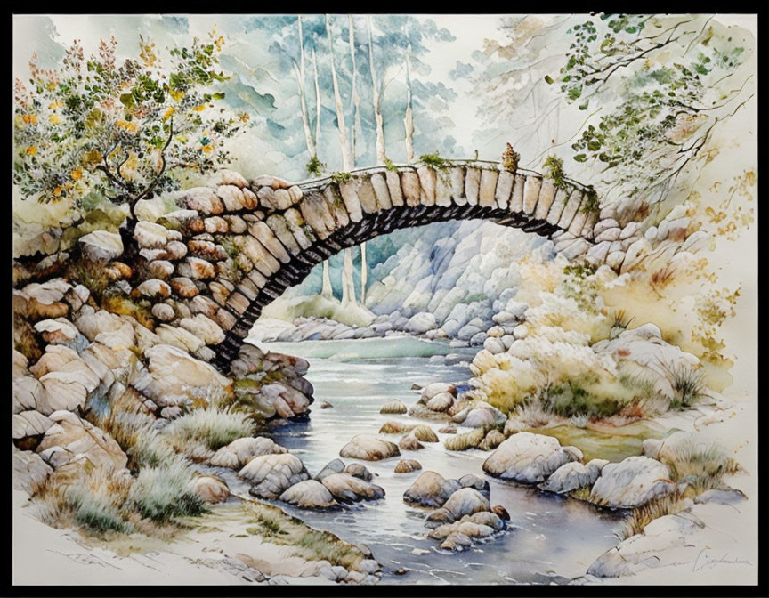 Tranquil watercolor painting of old stone bridge in forest