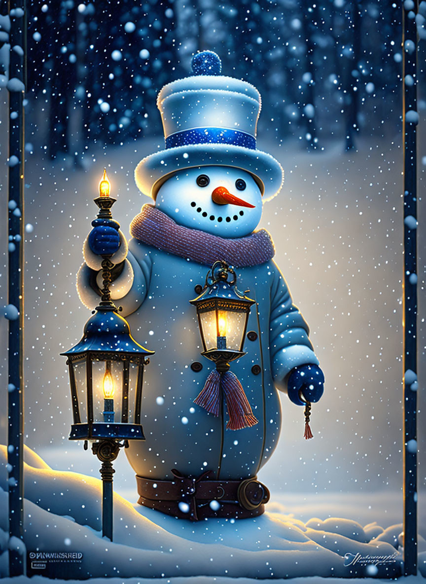 Snowman in blue outfit with lantern in snowfall near fence