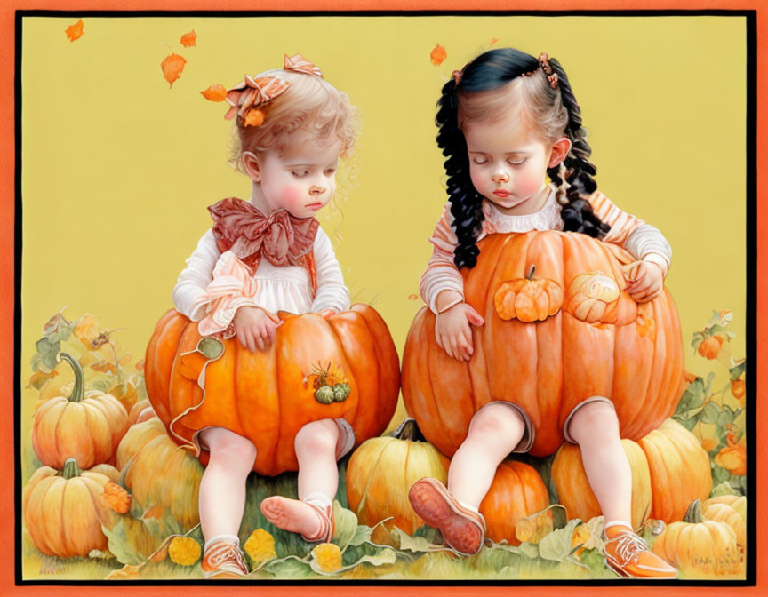 Young girls on pumpkins in autumn setting against yellow background