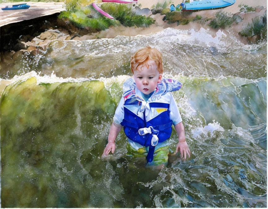 Red-Haired Toddler in Life Jacket Floats Near Rocky Edge