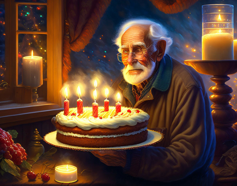 Elderly man with glasses smiles at birthday cake by starlit window