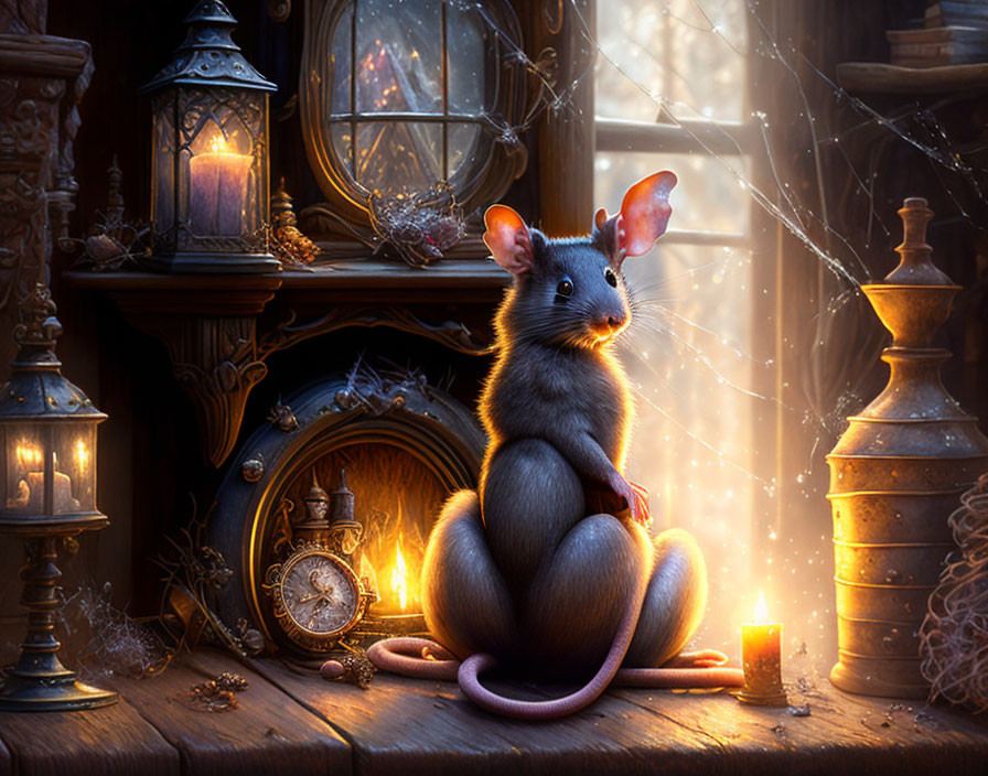 Whimsical mouse in antique room with cobwebs and candles