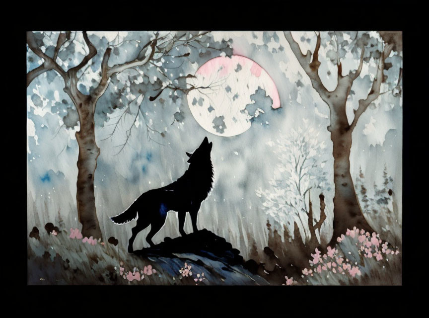 Silhouette of howling wolf on rock under pink moon in mystical nocturnal scene