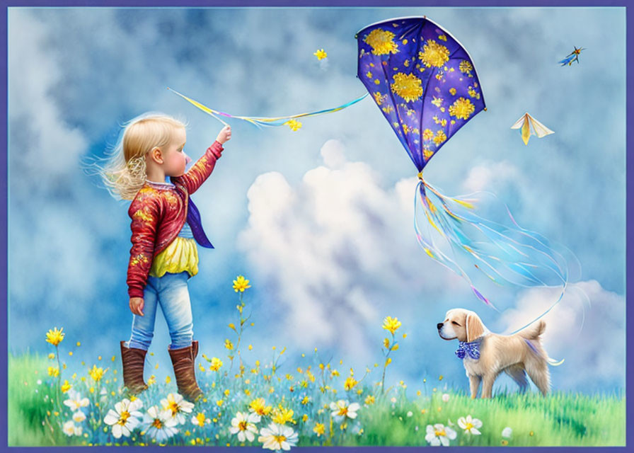 Child with kite and dog in flower field under cloudy sky